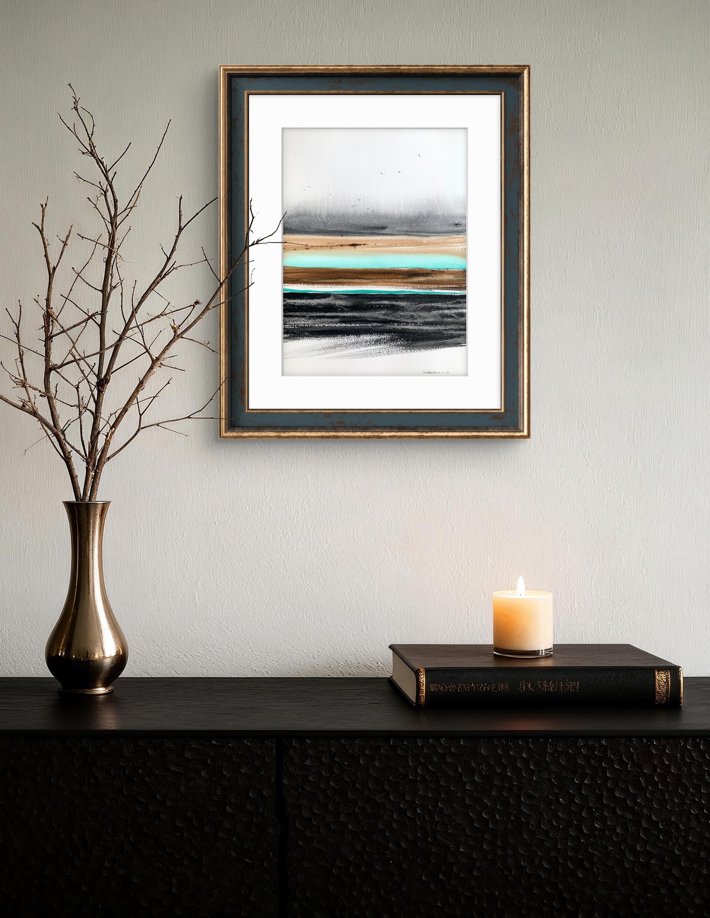 River Valley Abstract Painting - Watercolor in Gray, Burnt Orange, Turquoise Tones