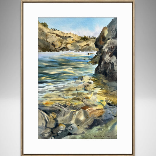 Realistic Painting Original Watercolor Sea Bay, Modern Seascape, Cyprus Coastal Art, Clear Water, Bedroom Wall Decor