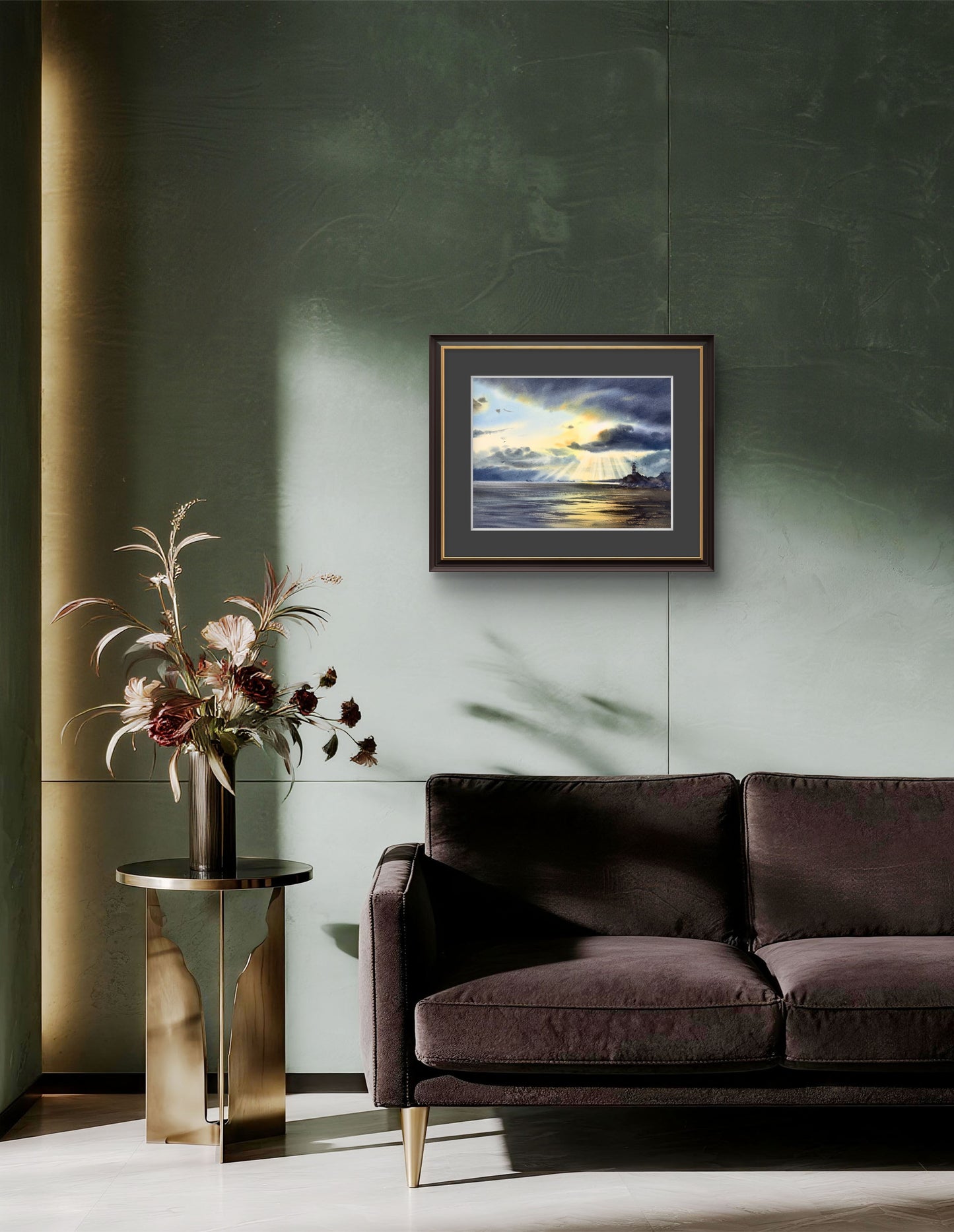 Watercolor Ocean Painting Lighthouse Original Art, Lighthouse in the sun 12x16