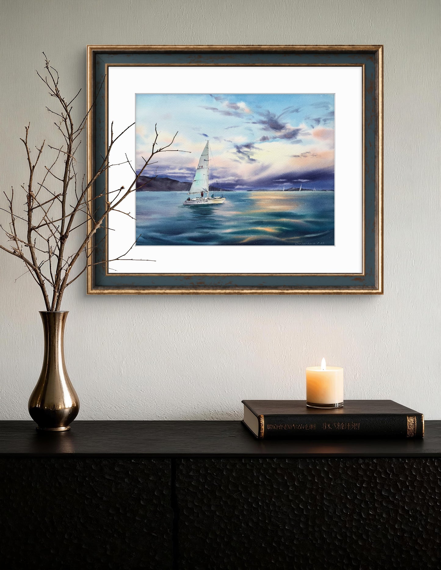 Original Sailboat Watercolor Painting, Ocean Sunset Art, Yacht in the sea at sunset #6 12x16