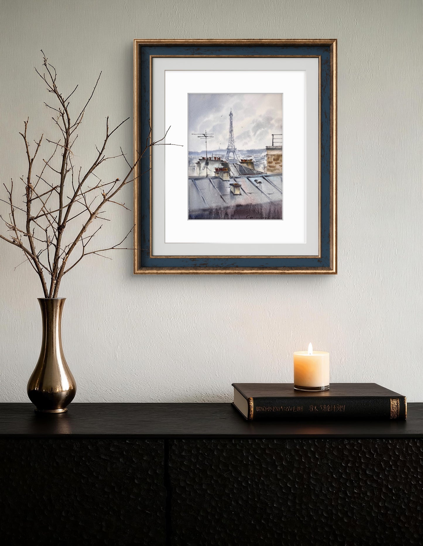 Eiffel Tower Watercolor Painting, Paris Rooftops Original Art, Grey Skies of Paris 9x12