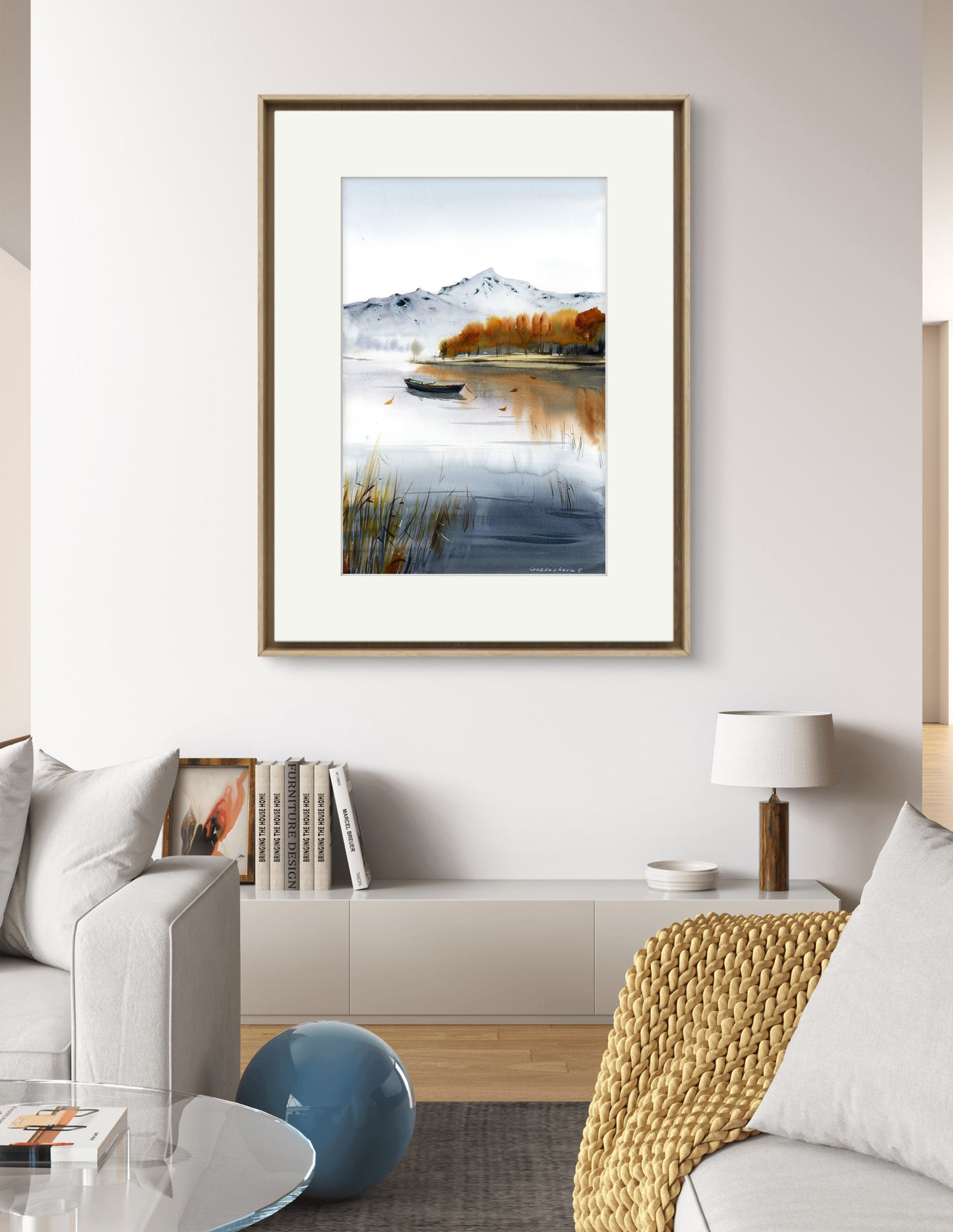 Autumn Rowboat Art - Mountain Lake Watercolor Print, Fall Landscape Painting