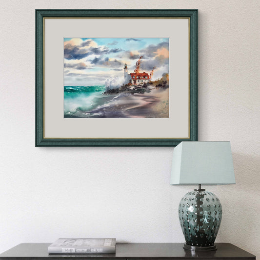 Watercolor Lighthouse Painting Original, Coastal Artwork, Nautical Wall Art Decor, Gifts For Men Unique, Blue Sea Clouds