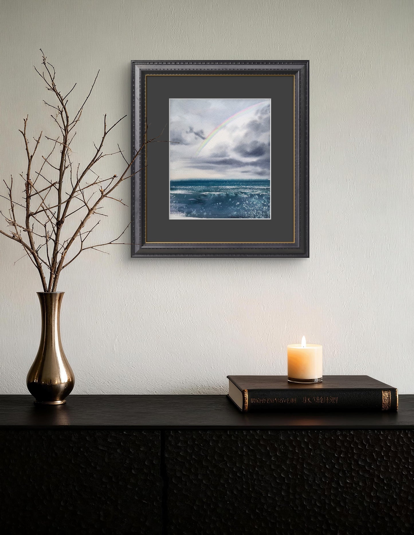 Rainbow Over Sea Original Watercolor Painting, Coastal Ocean Wall Art, Rainbow over the sea 7.5x9