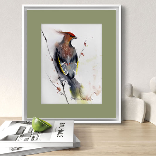 Waxwing Bird Painting, Watercolor Original Art, Wildlife, Small Artwork, Home Wall Decor