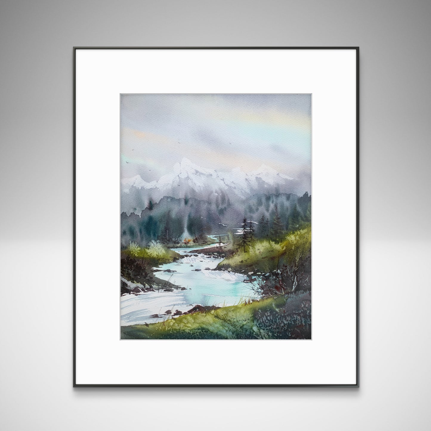 Mountain Forest Modern Painting Original Watercolour, Nature Art, Bedroom Wall Decor, Landscape With River,Mountain river #33 12x16