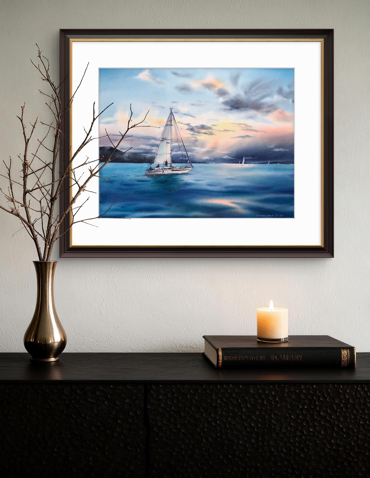 Original Sailboat Watercolor Painting, Ocean Sunset Art, Yacht in the sea at sunset #5