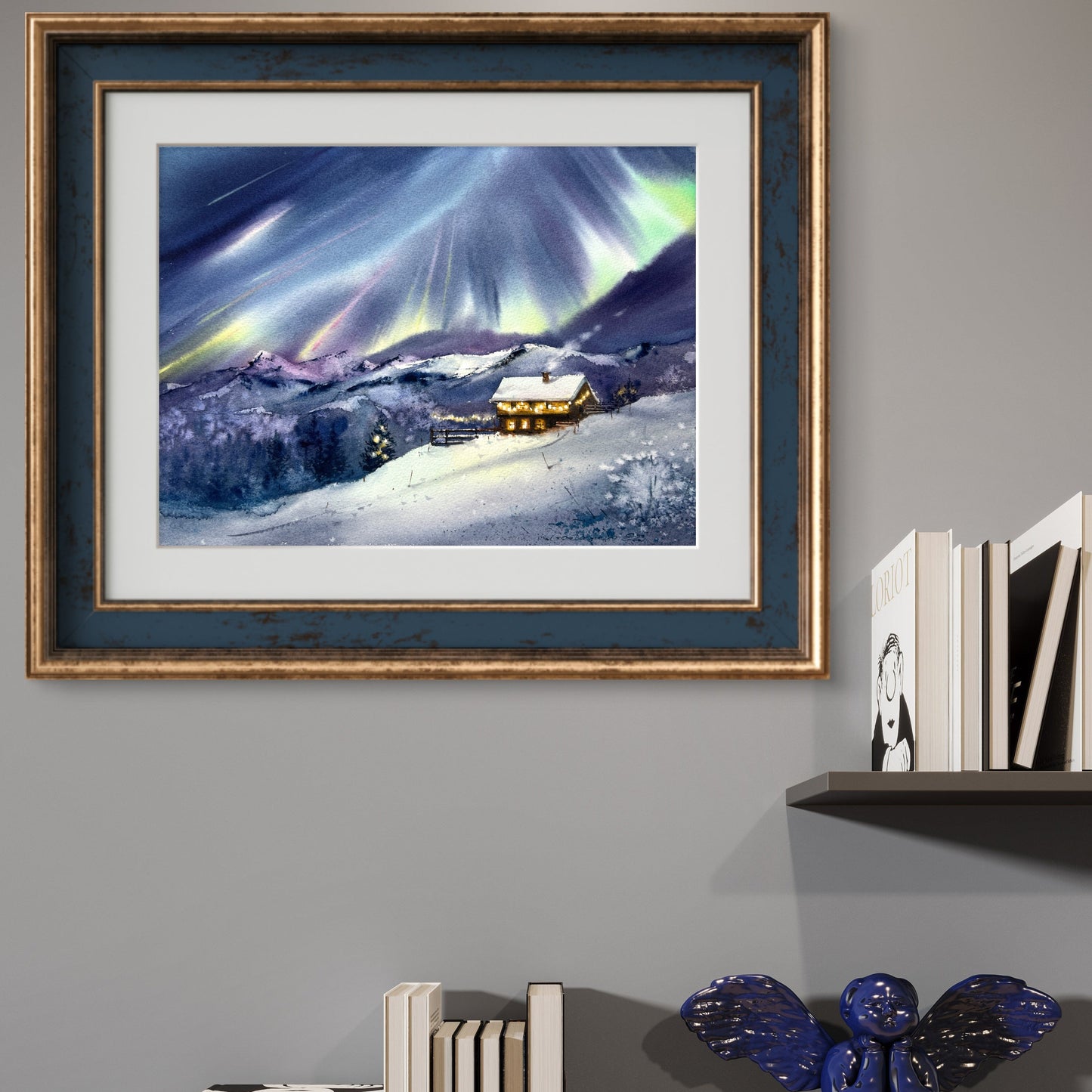 Christmas Story #3- Watercolor Painting - House in Mountains & Northern Lights - 11x15 in