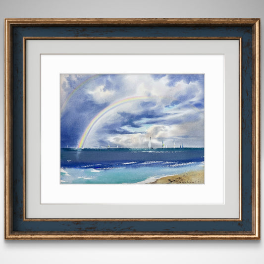 Rainbow Beach Painting Small, Watercolor Original Artwork, Blue Sea, Regatta Art, Coastal Wall Decoration, Gift