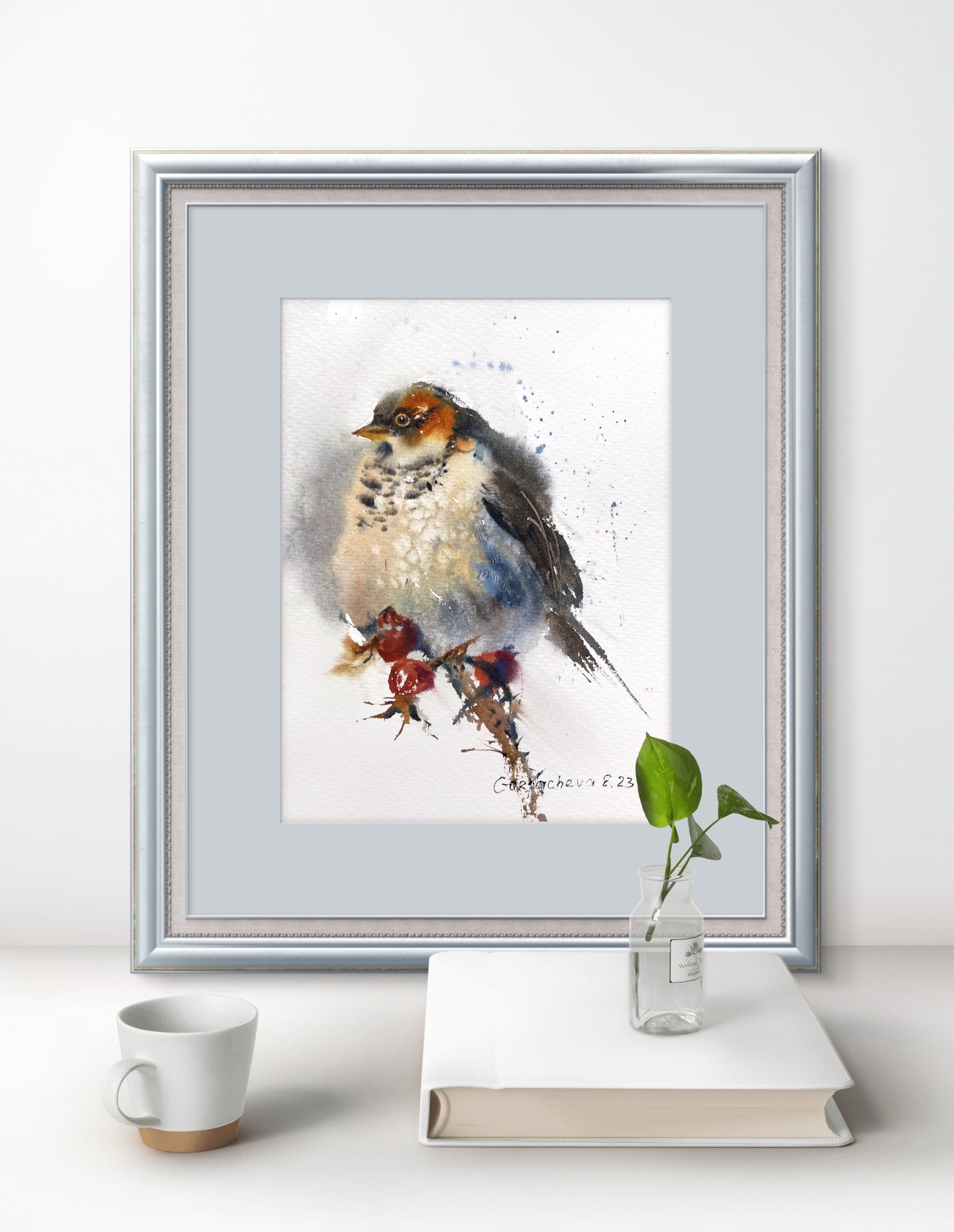 Original Art - Watercolor Painting of Small Gray Bird and Red Berries - Beautiful Wall Accent -Little bird #2