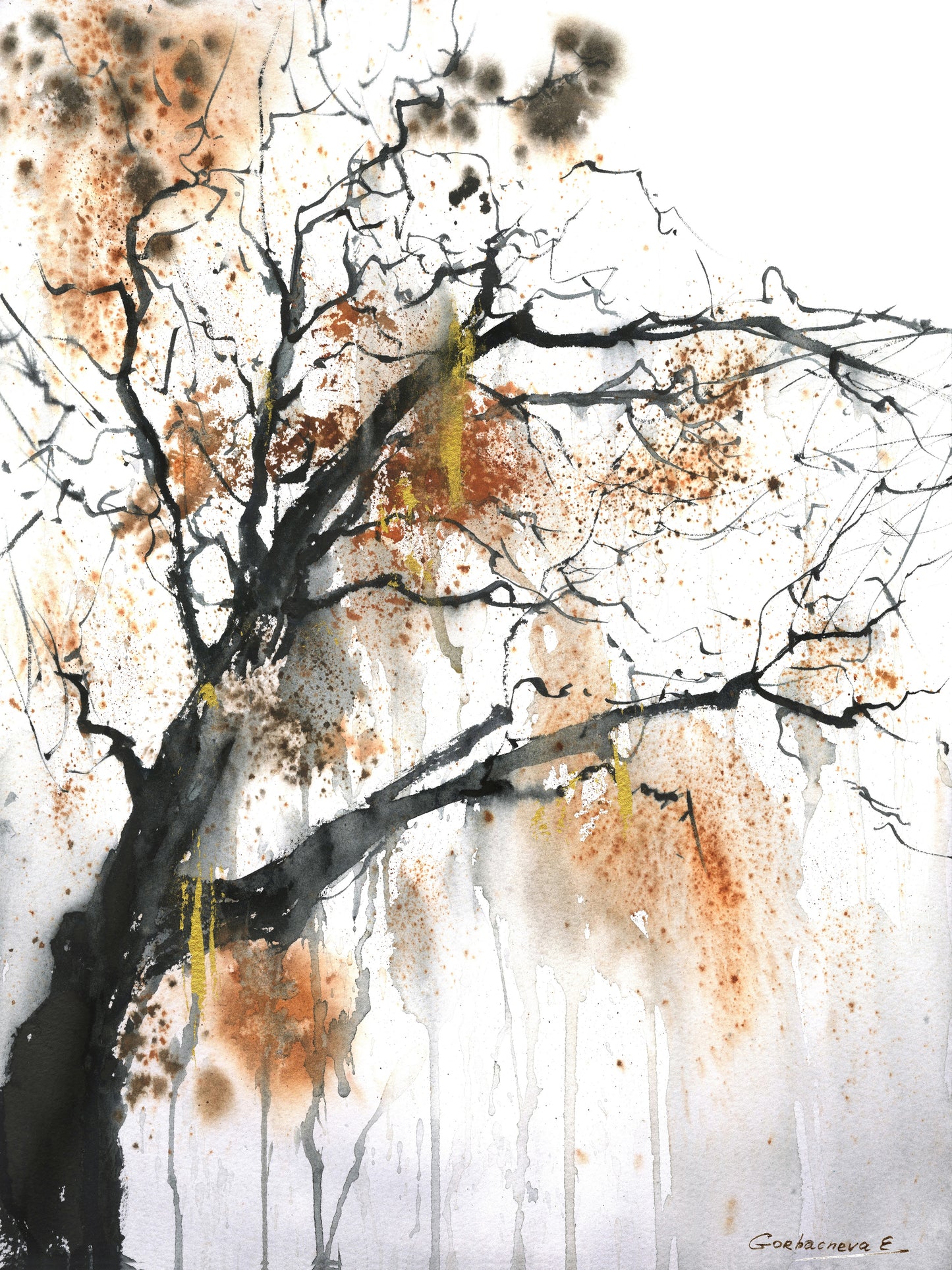 Minimalist Fall Tree Sketch Art, Abstract Watercolor, Neutral Painting, Ocher Wall Art