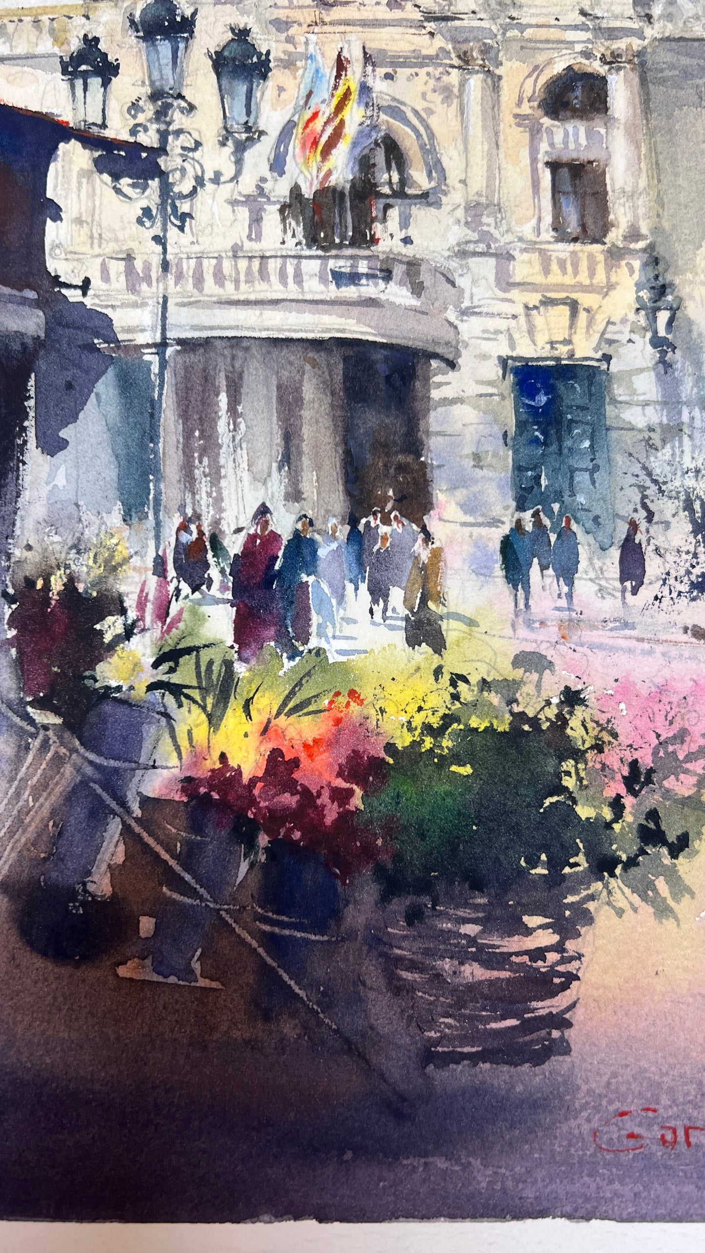 Original Valencia City Hall Painting, Ayuntamiento Spain Watercolor Art, Ayuntamiento Sun 11х15