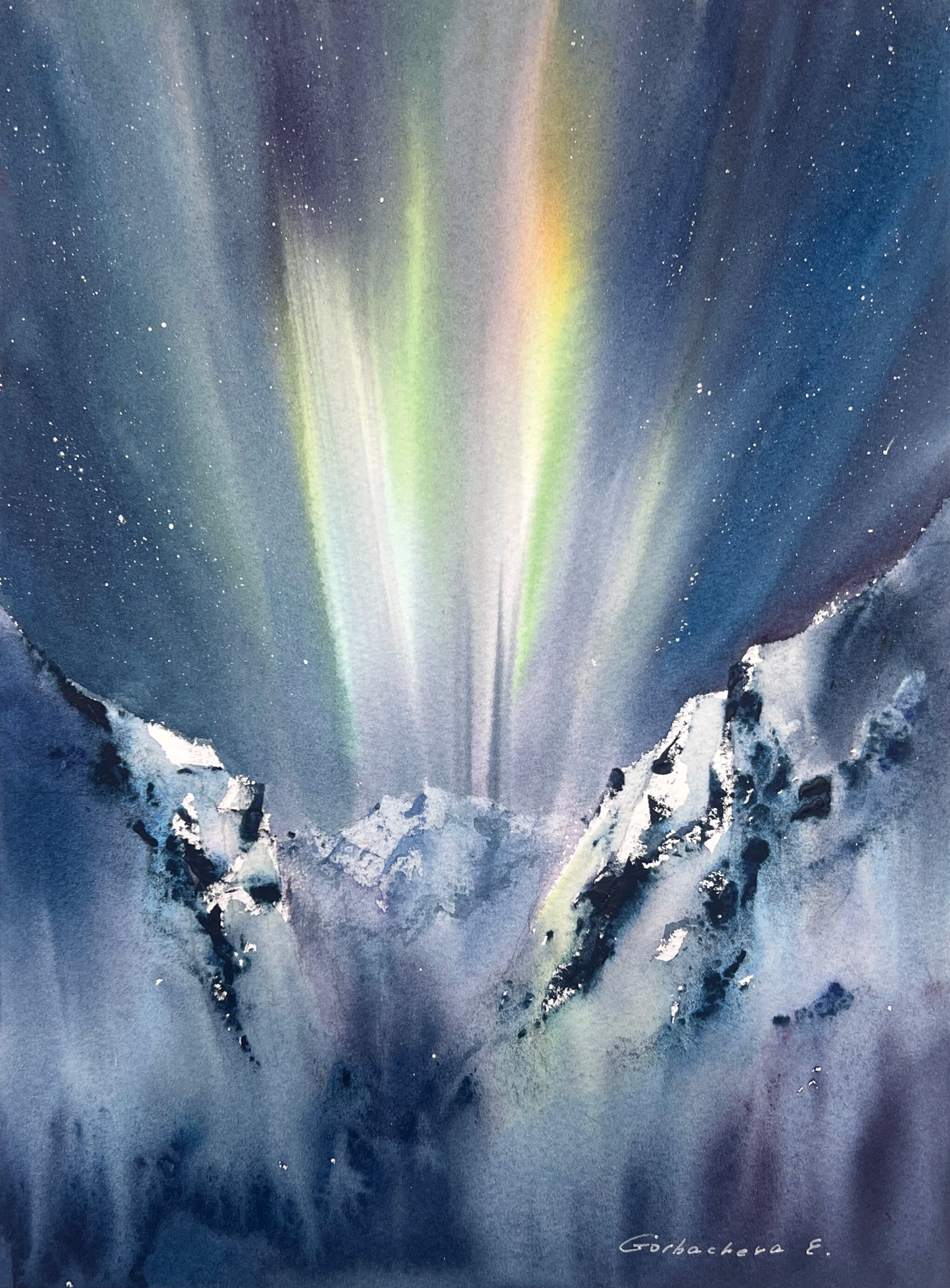 Northern Lights Mountain Watercolor, Eruption of Light 9x12