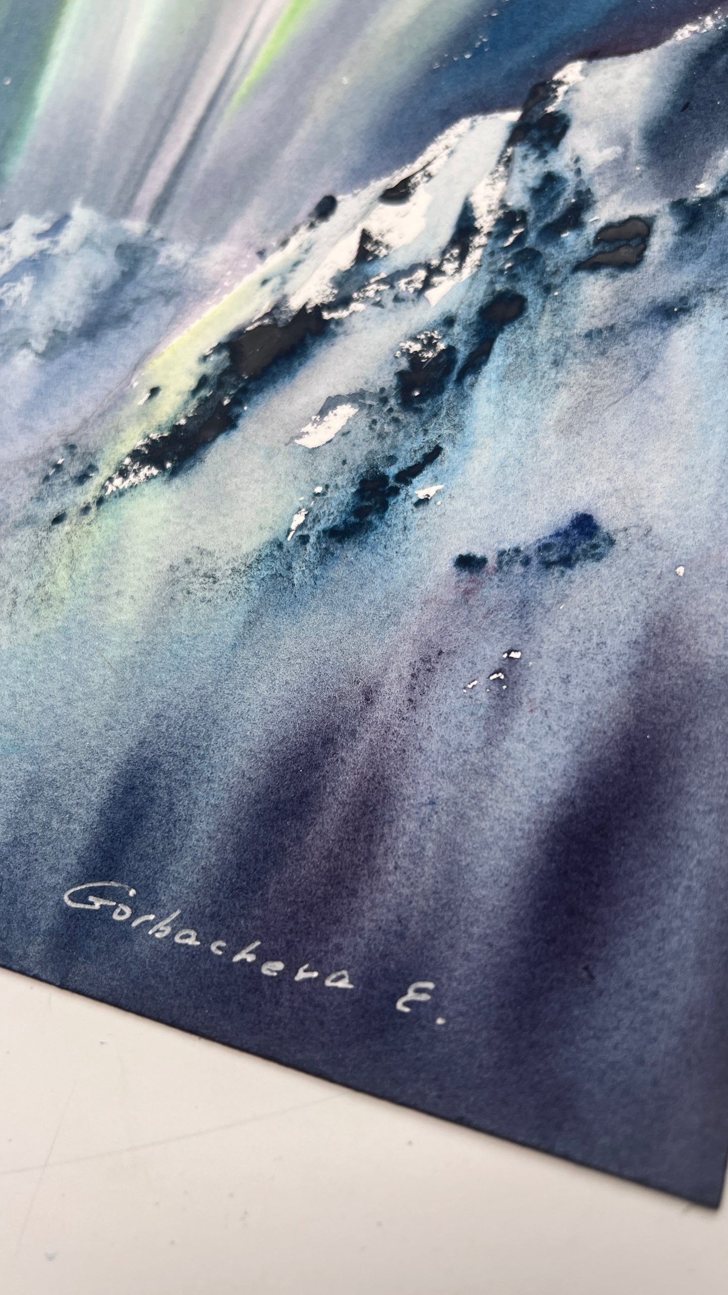Northern Lights Mountain Watercolor, Eruption of Light 9x12