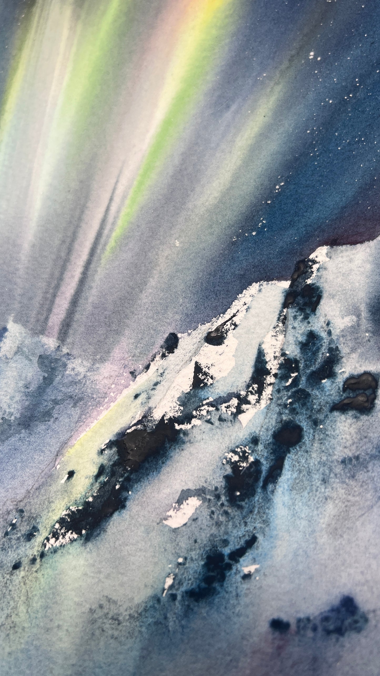 Northern Lights Mountain Watercolor, Eruption of Light 9x12