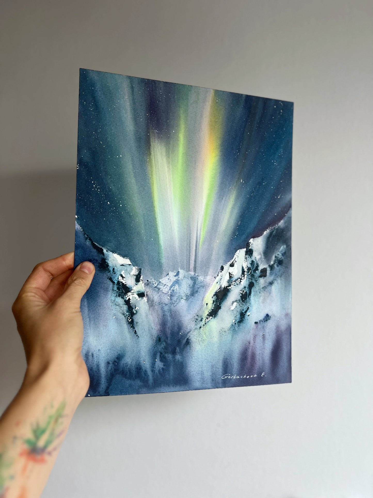 Northern Lights Mountain Watercolor, Eruption of Light 9x12