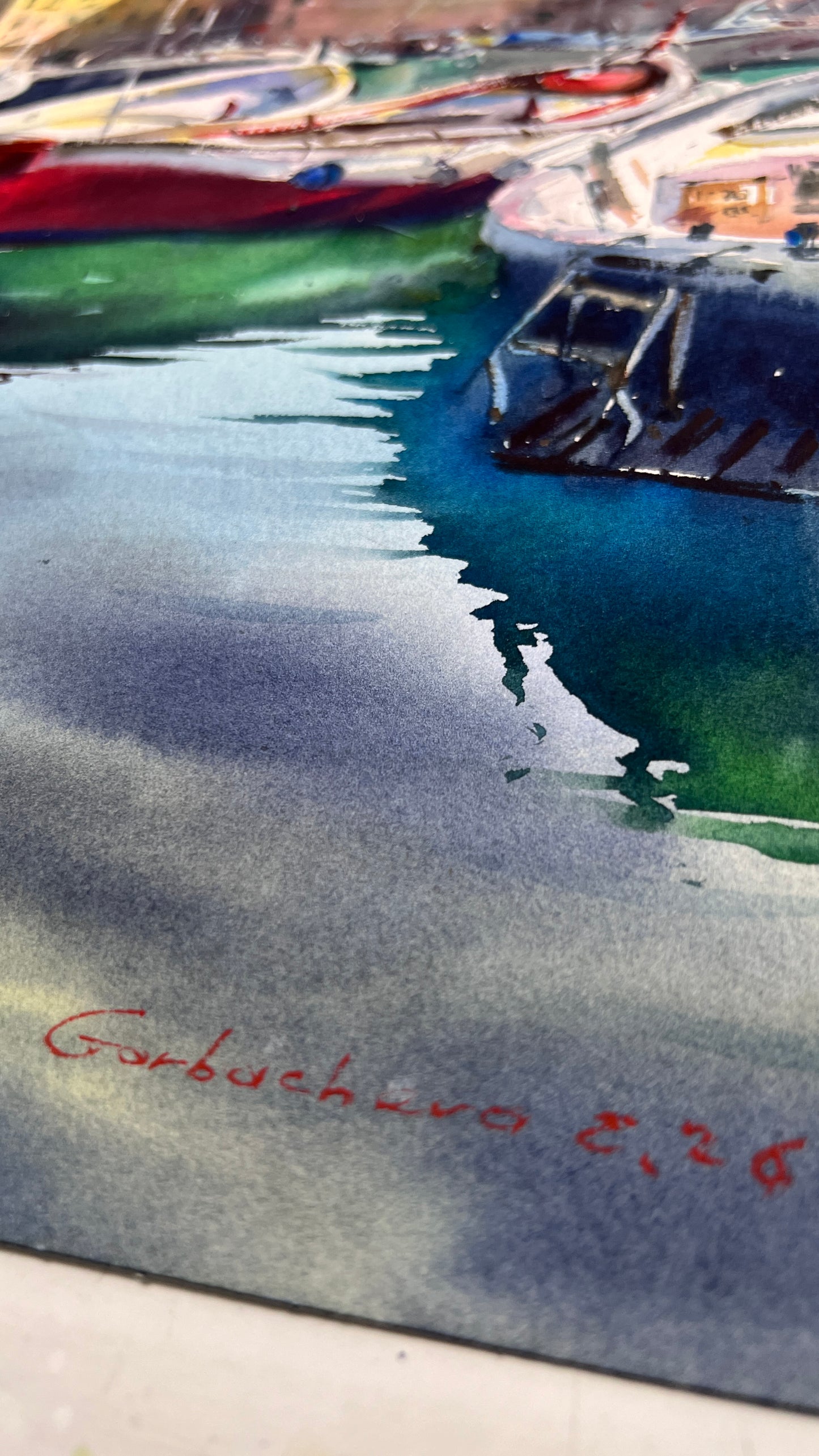 Original Camogli Italy Watercolor Painting | Italian Harbor Seascape | Morning in Camogli #2 12x16