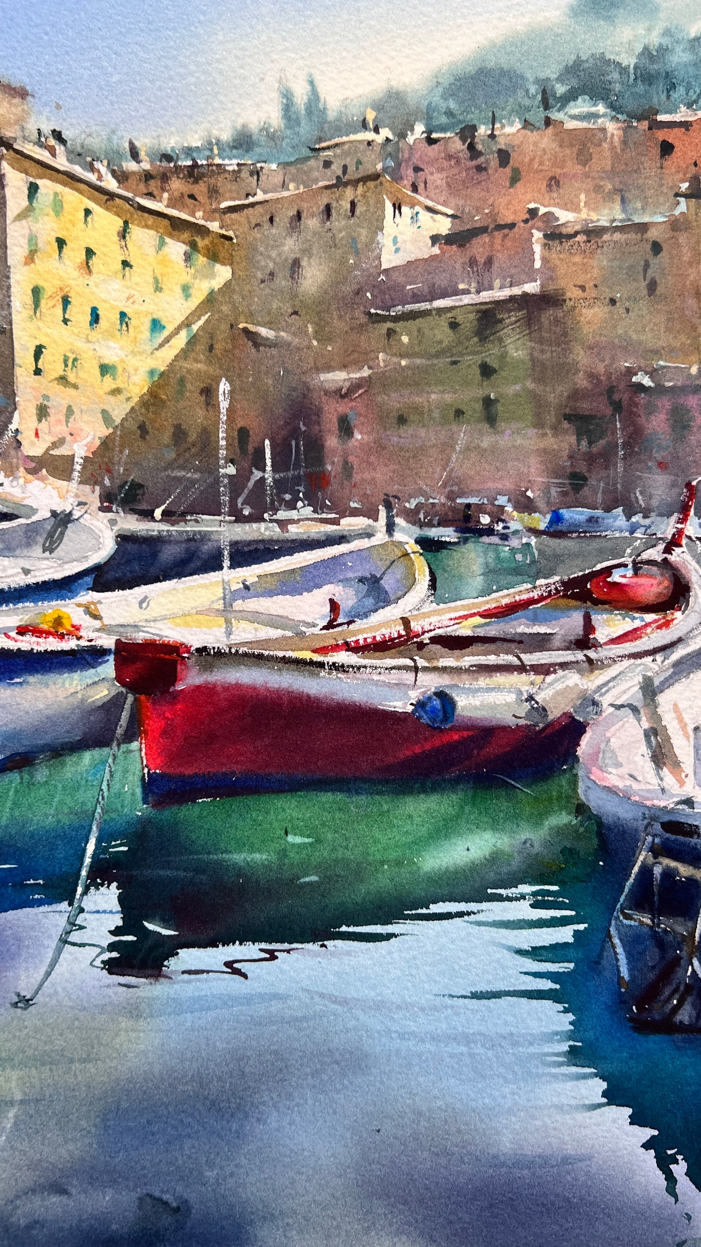 Original Camogli Italy Watercolor Painting | Italian Harbor Seascape | Morning in Camogli #2 12x16