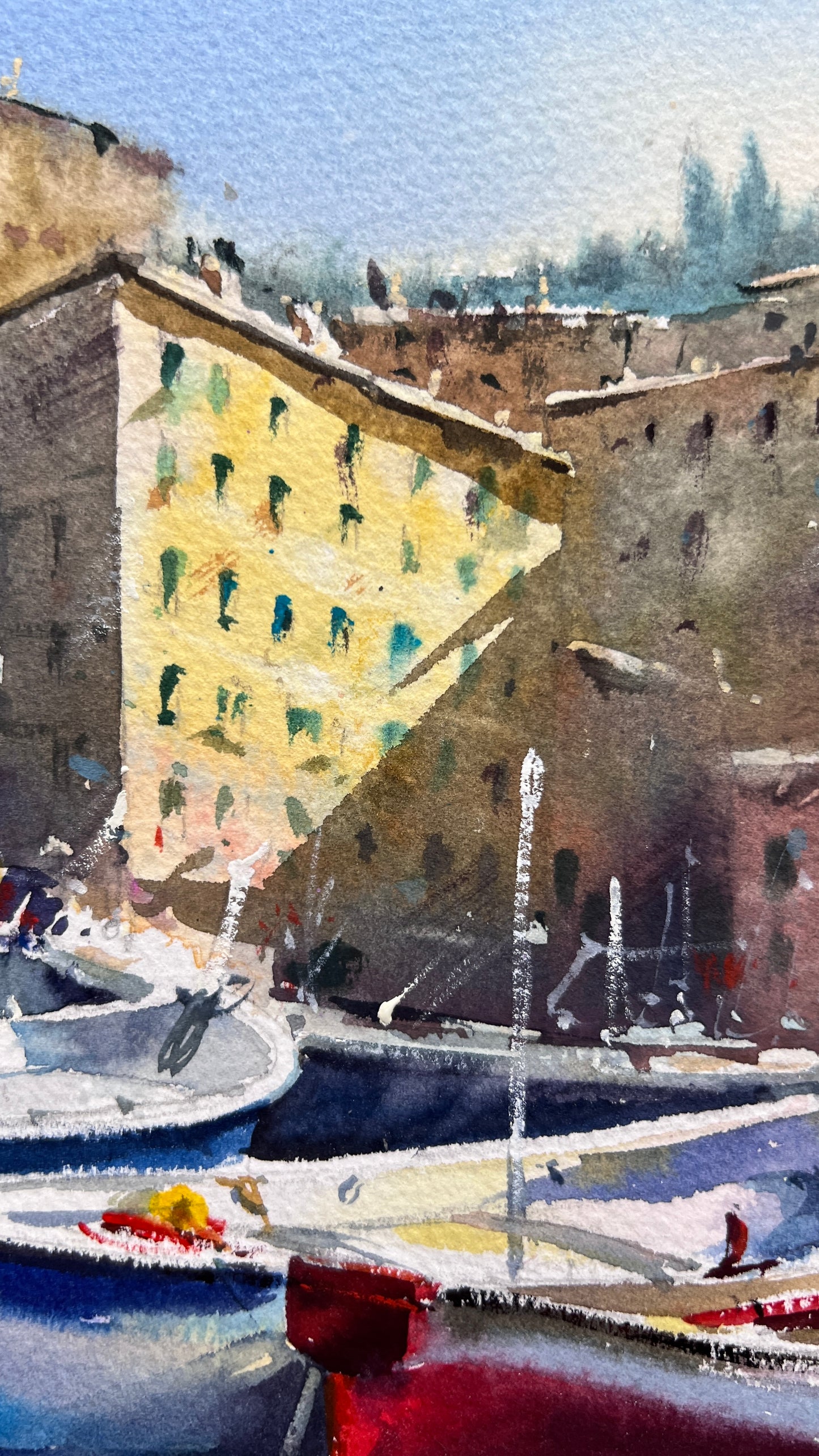 Original Camogli Italy Watercolor Painting | Italian Harbor Seascape | Morning in Camogli #2 12x16