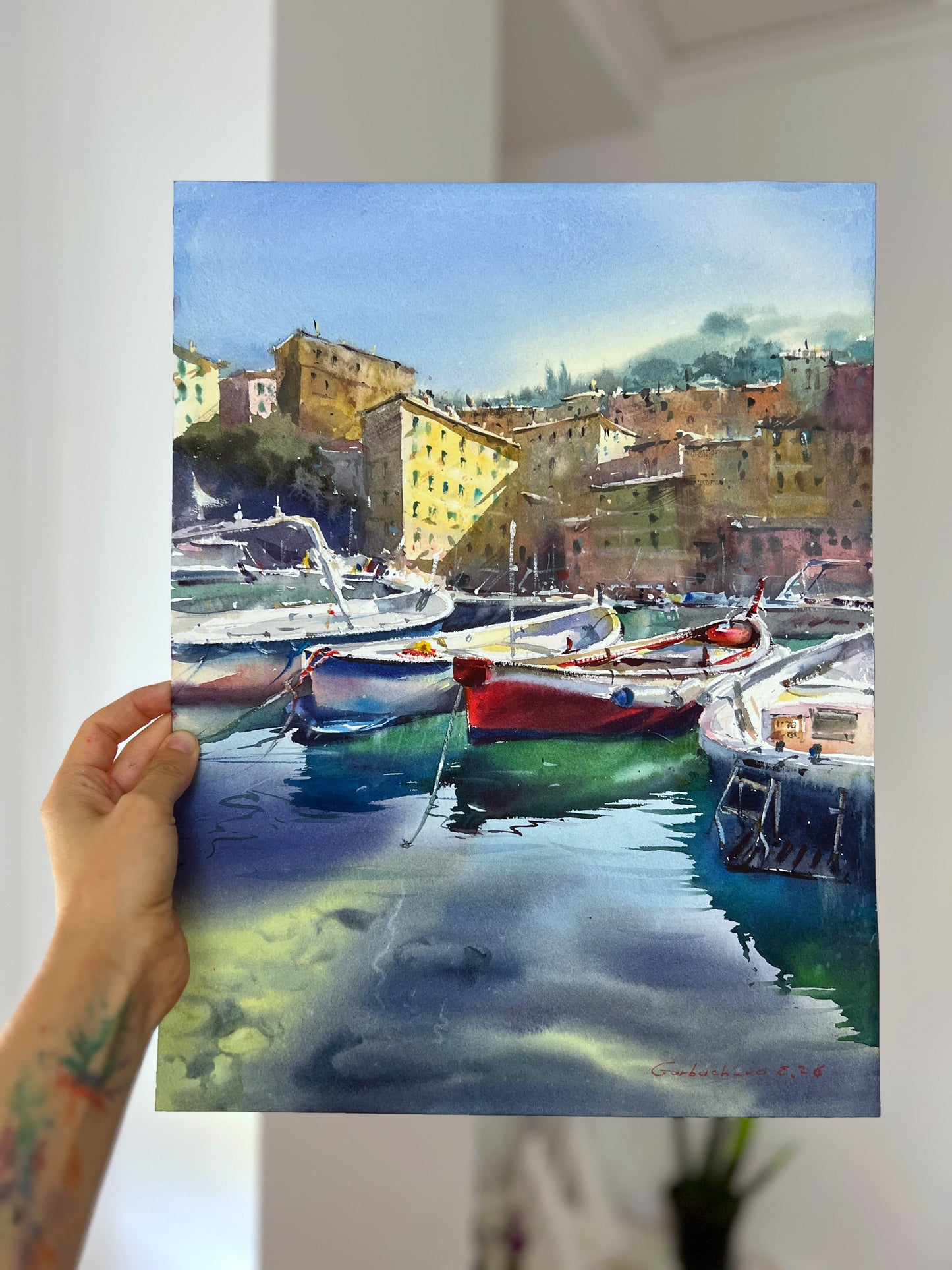 Original Camogli Italy Watercolor Painting | Italian Harbor Seascape | Morning in Camogli #2 12x16