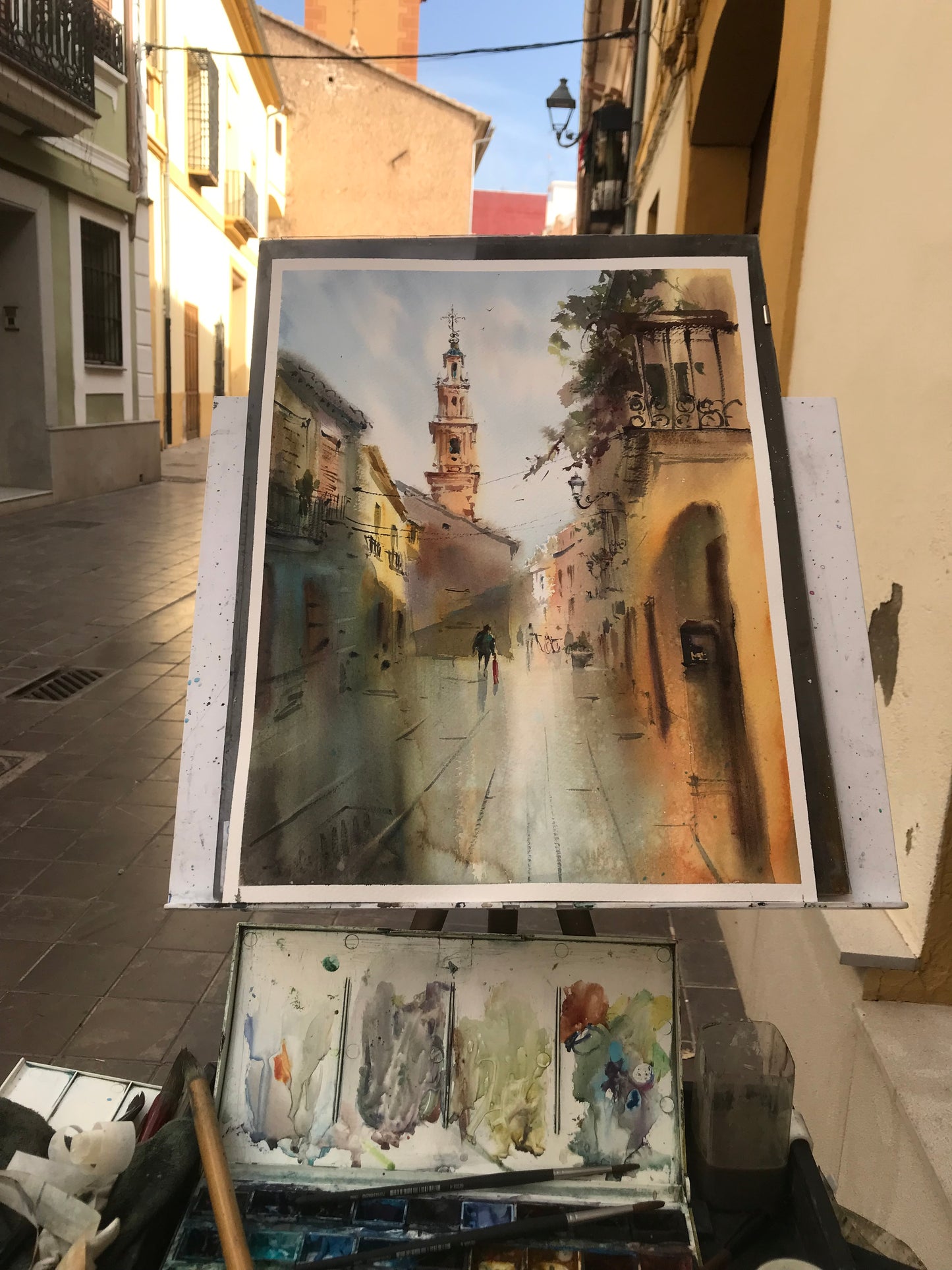 Original Sunlit European Street Watercolor Painting,A Walk Through Old Valencia 12x16