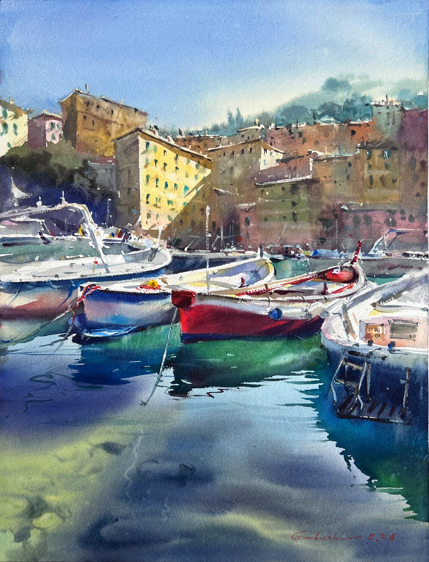 Original Camogli Italy Watercolor Painting | Italian Harbor Seascape | Morning in Camogli #2 12x16