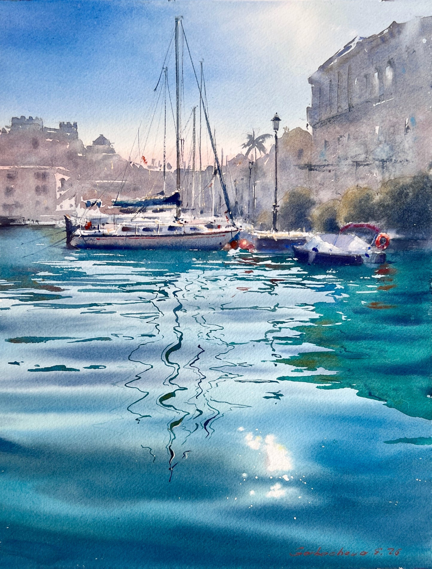Original Watercolor Harbor Painting | Sailboats & Turquoise Reflections | Turquoise Harbor 12x16