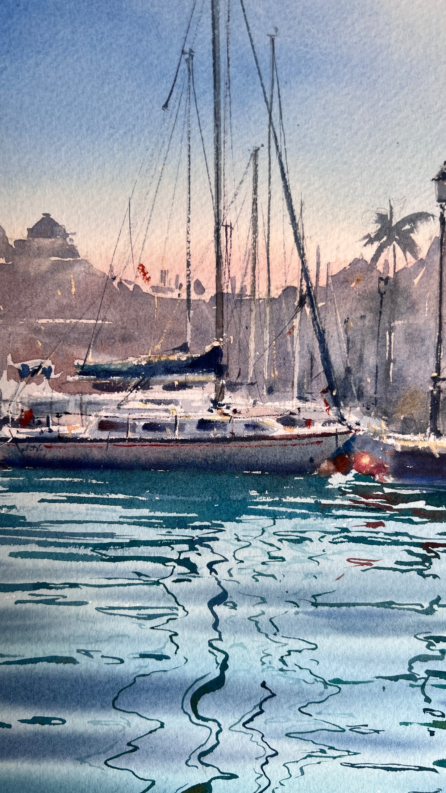 Original Watercolor Harbor Painting | Sailboats & Turquoise Reflections | Turquoise Harbor 12x16