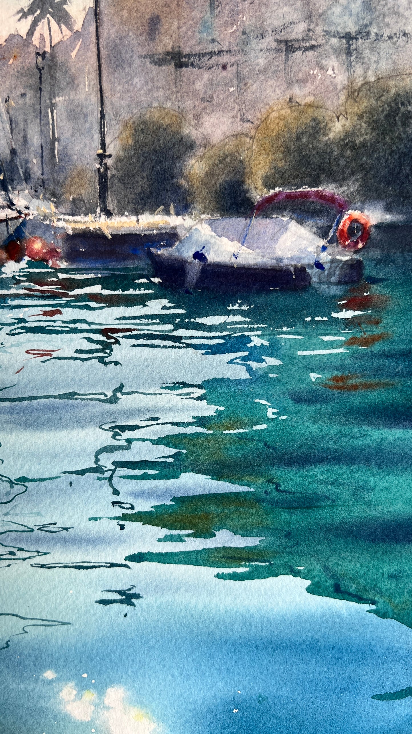 Original Watercolor Harbor Painting | Sailboats & Turquoise Reflections | Turquoise Harbor 12x16
