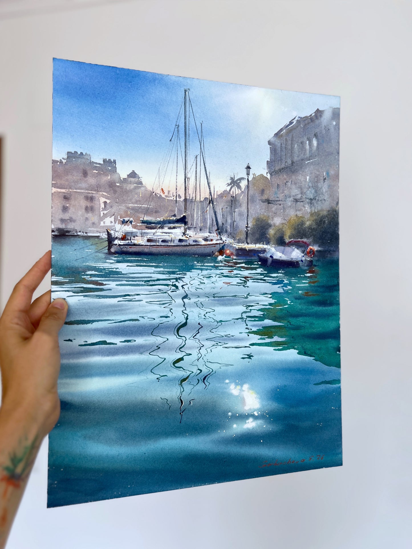 Original Watercolor Harbor Painting | Sailboats & Turquoise Reflections | Turquoise Harbor 12x16