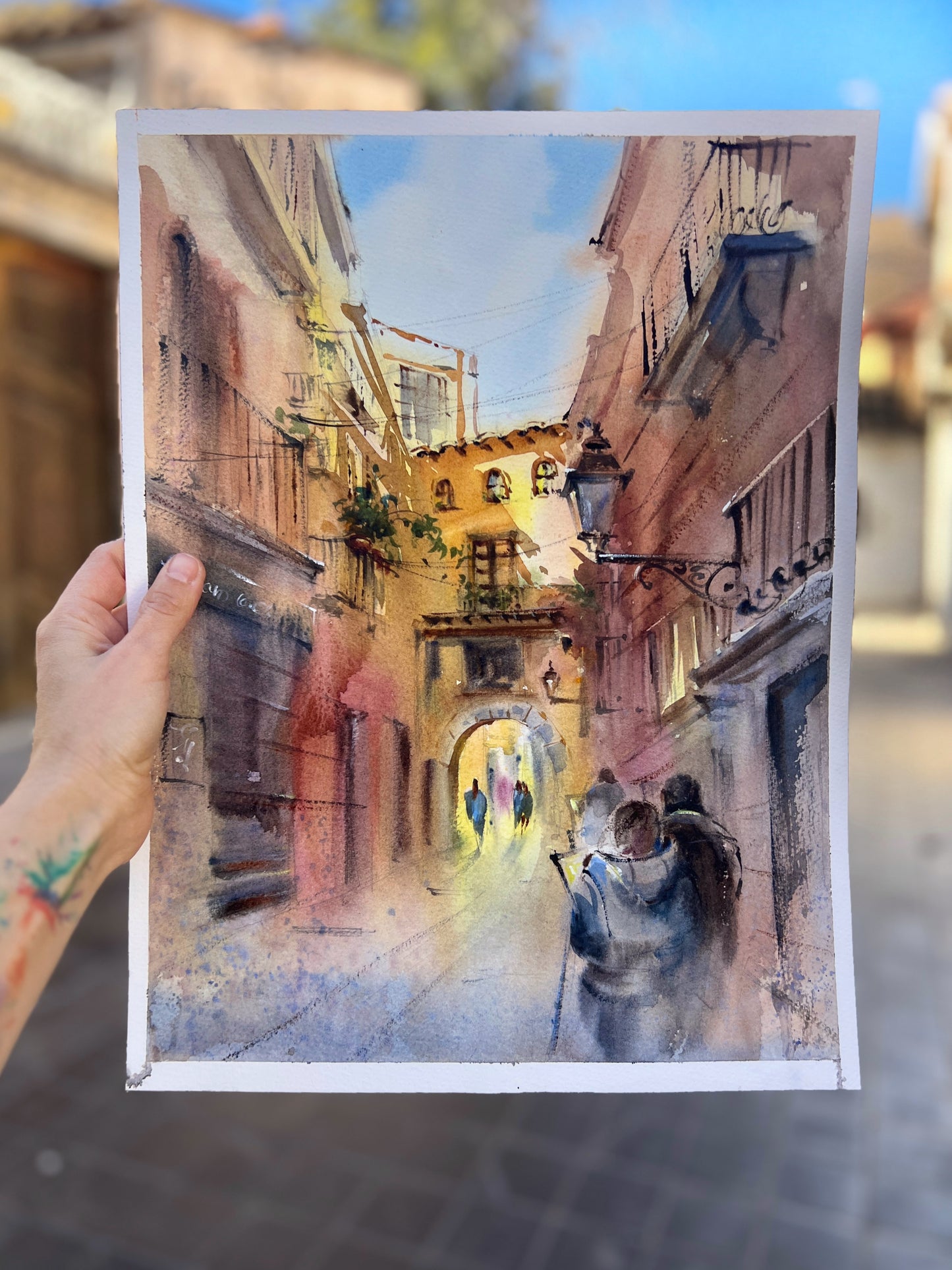 Valencia Alley Watercolor Painting, Original Spanish Cityscape Art, Spanish Afterglow 12x16 (Copy)
