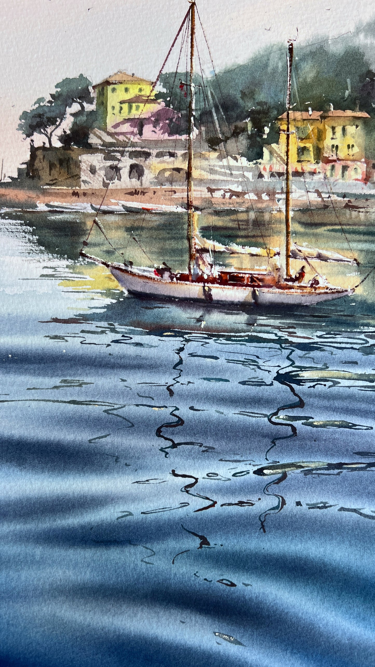 Original Recco Italy Watercolor Painting | Sailboat Harbor Seascape |Blue Italian morning. Recco 12x16