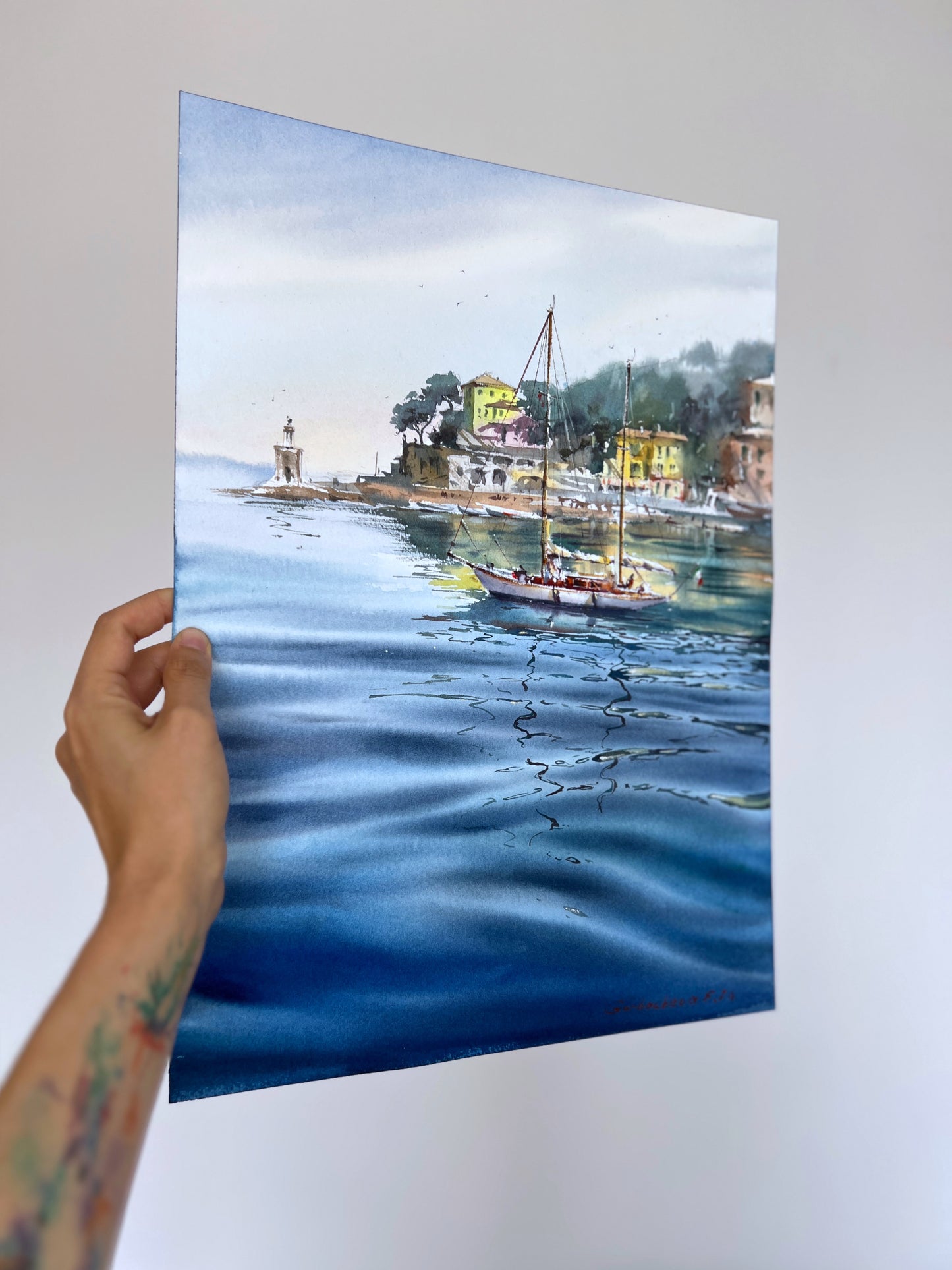 Original Recco Italy Watercolor Painting | Sailboat Harbor Seascape |Blue Italian morning. Recco 12x16