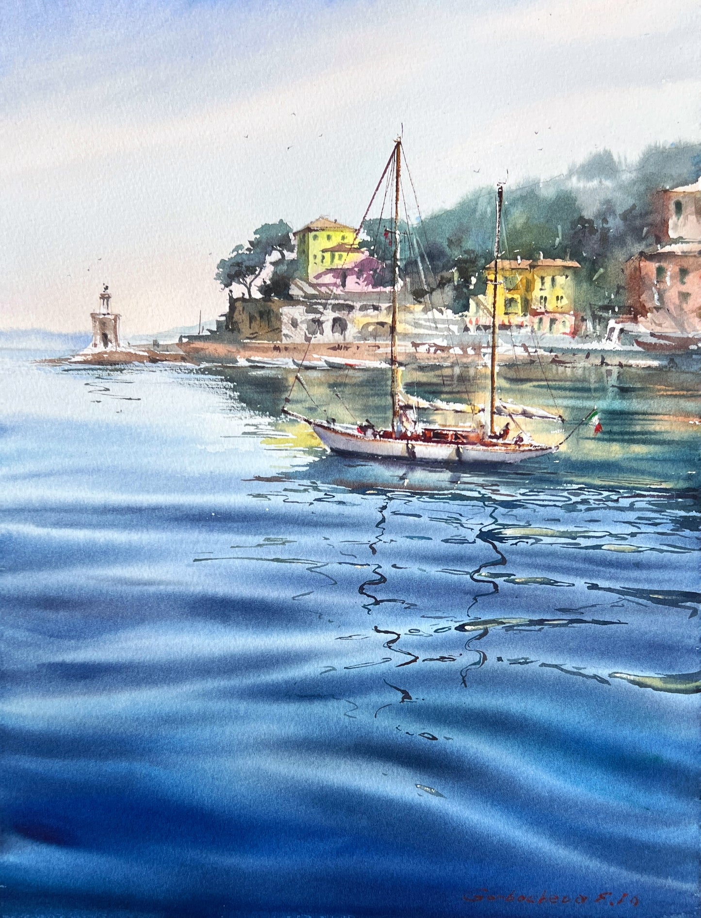 Original Recco Italy Watercolor Painting | Sailboat Harbor Seascape |Blue Italian morning. Recco 12x16