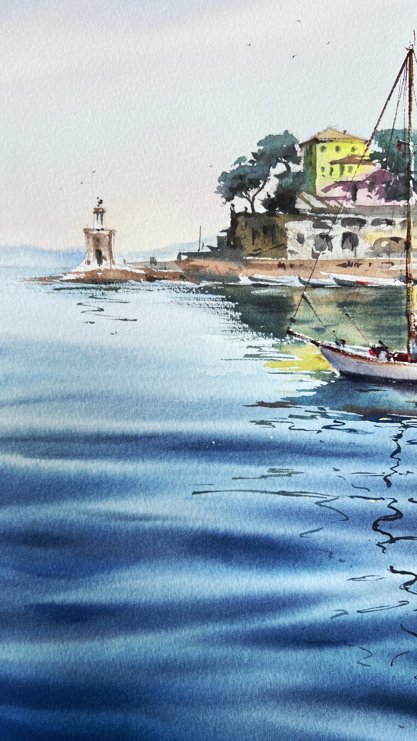Original Recco Italy Watercolor Painting | Sailboat Harbor Seascape |Blue Italian morning. Recco 12x16
