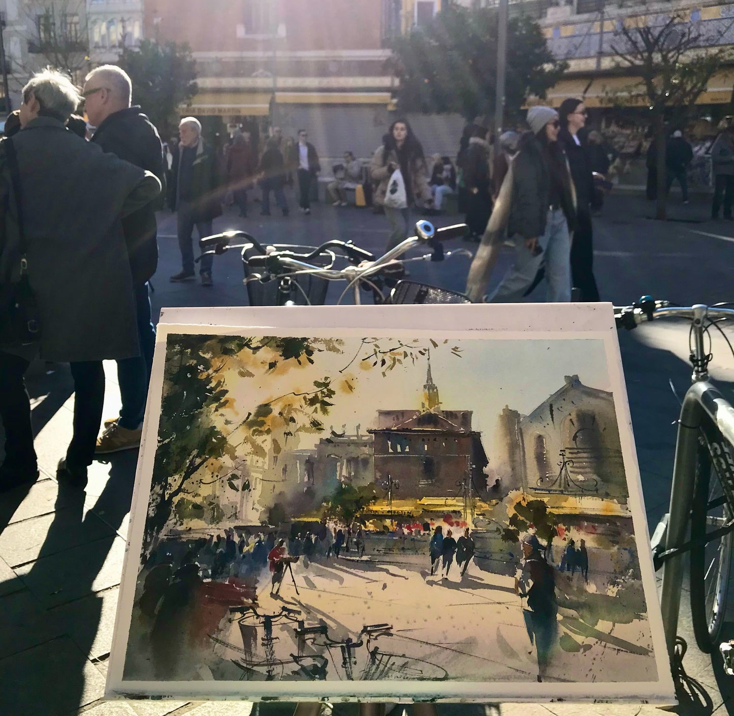 Valencia Spain Watercolor Painting Cityscape Art, Golden Valencia Glow 11x15 in