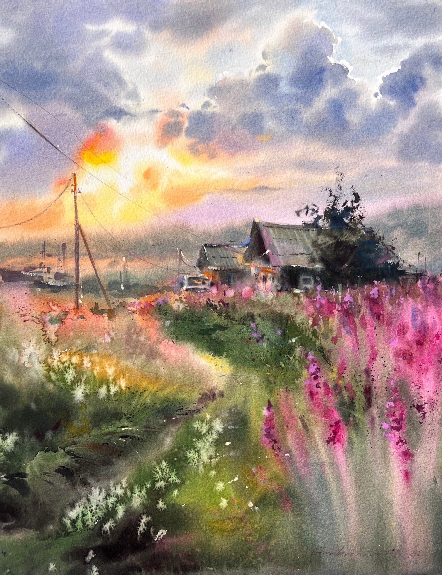Original Murmansk Region Watercolor Painting | Arctic Wildflower Landscape |Where Fireweed Blooms 12x16