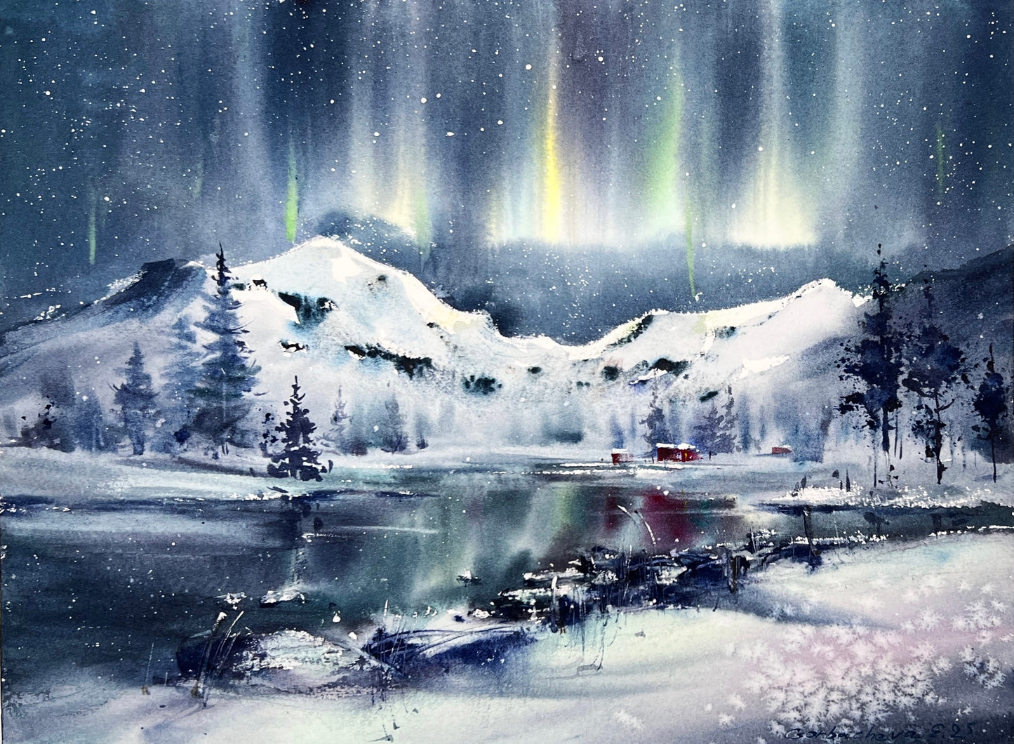 Watercolor Northern Lights Painting, Original Winter Landscape Art, Winter Magic 9x12 (Copy)