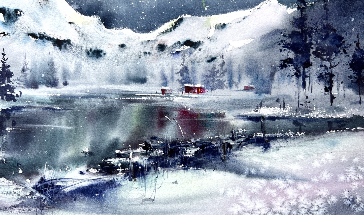 Watercolor Northern Lights Painting, Original Winter Landscape Art, Winter Magic 9x12 (Copy)