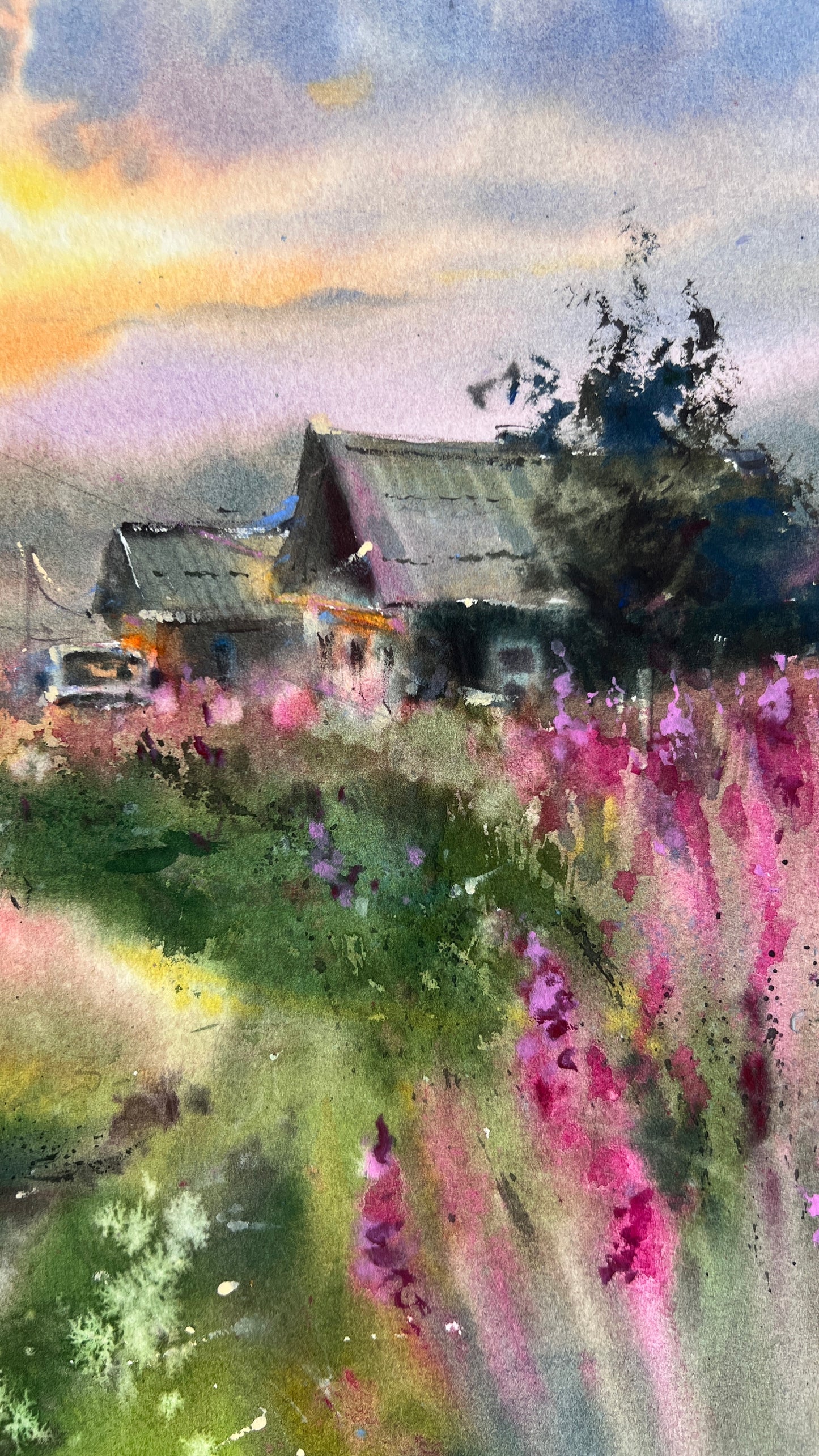 Original Murmansk Region Watercolor Painting | Arctic Wildflower Landscape |Where Fireweed Blooms 12x16