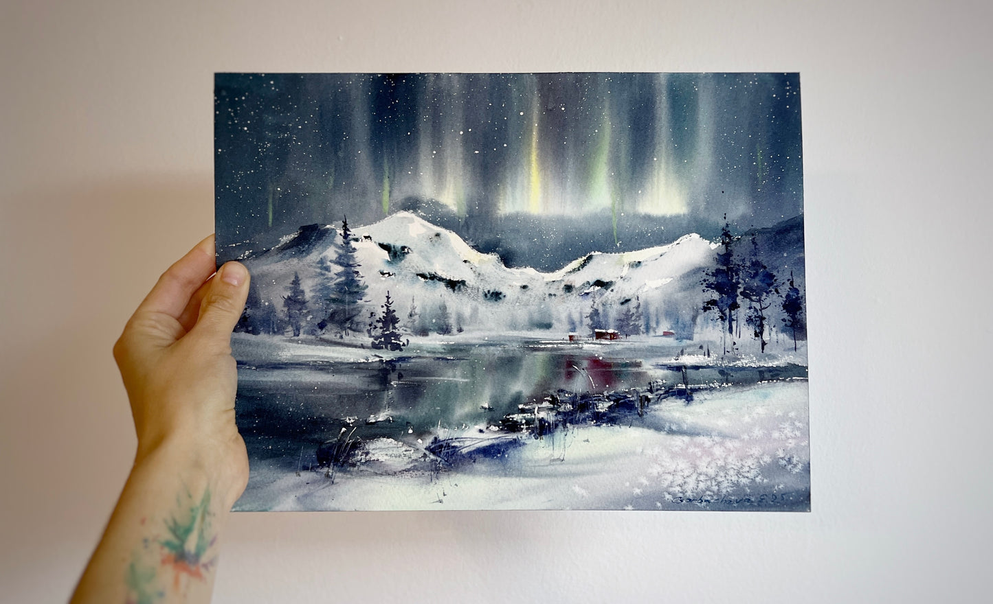 Watercolor Northern Lights Painting, Original Winter Landscape Art, Winter Magic 9x12 (Copy)