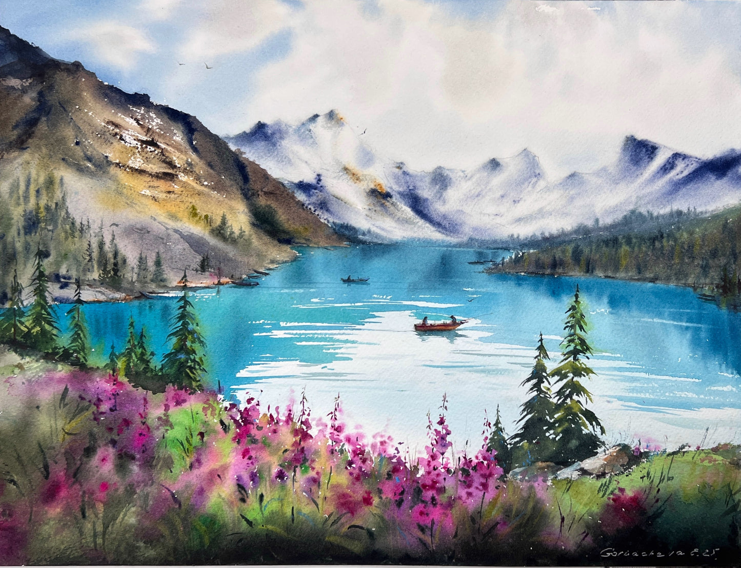 Watercolor Mountain Lake Art, Horizontal 16x12 in Turquoise Lake Landscape Painting