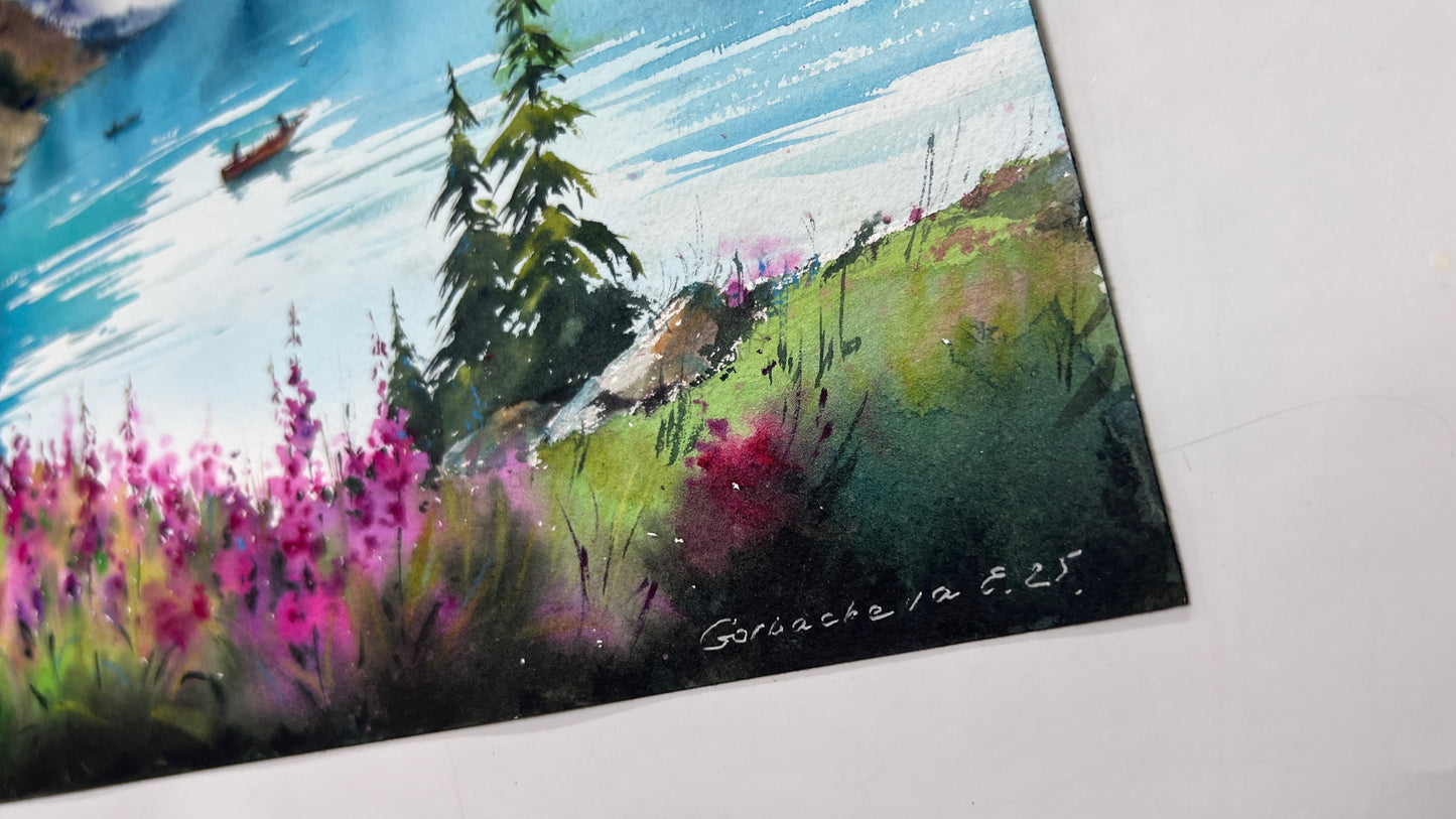 Watercolor Mountain Lake Art, Horizontal 16x12 in Turquoise Lake Landscape Painting