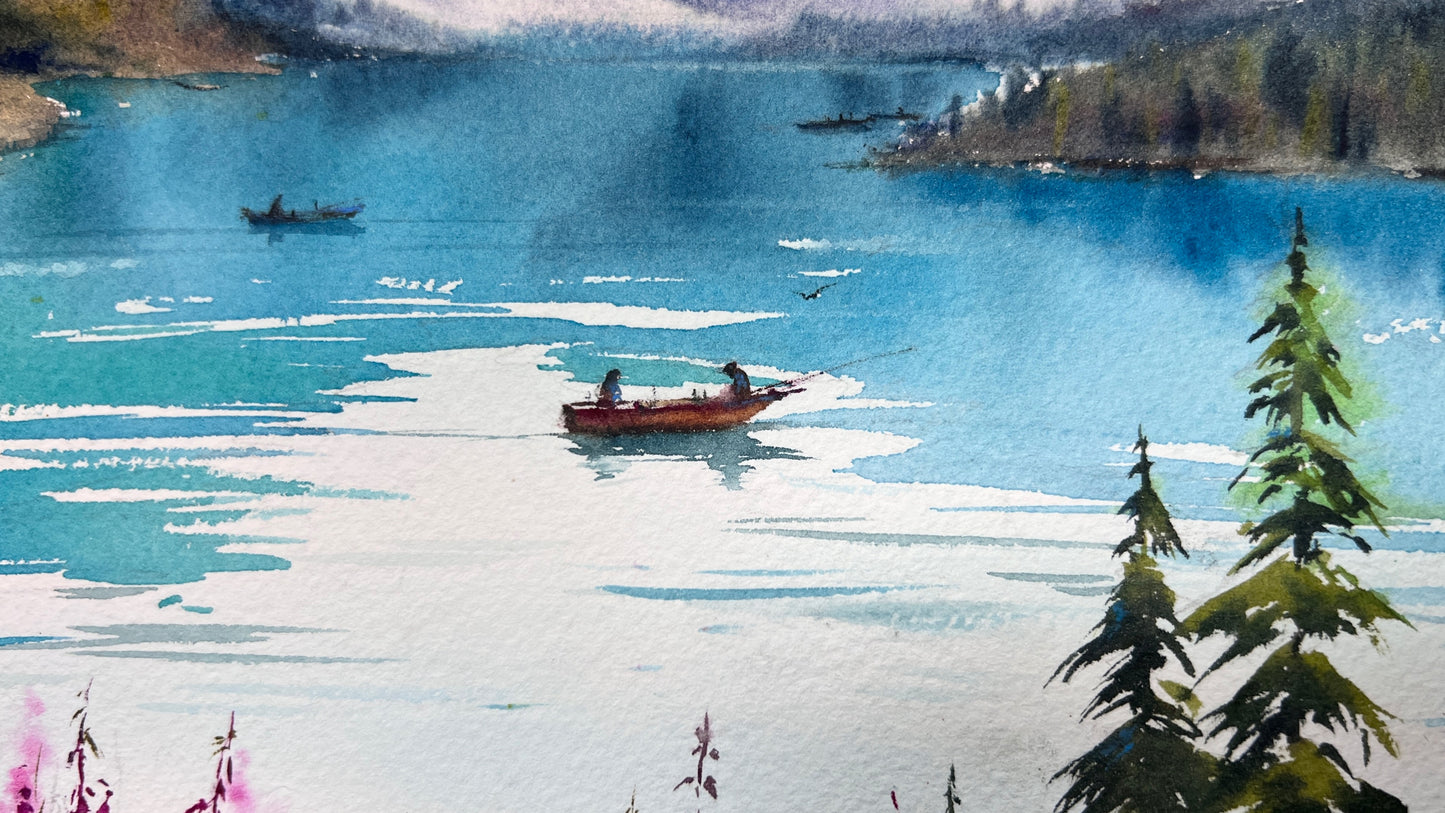 Watercolor Mountain Lake Art, Horizontal 16x12 in Turquoise Lake Landscape Painting