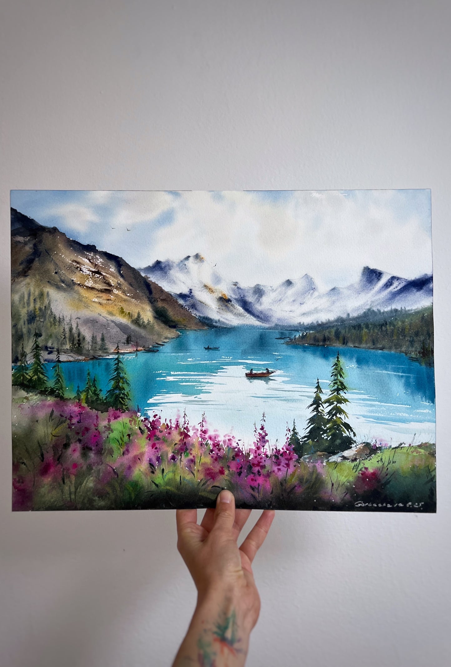 Watercolor Mountain Lake Art, Horizontal 16x12 in Turquoise Lake Landscape Painting