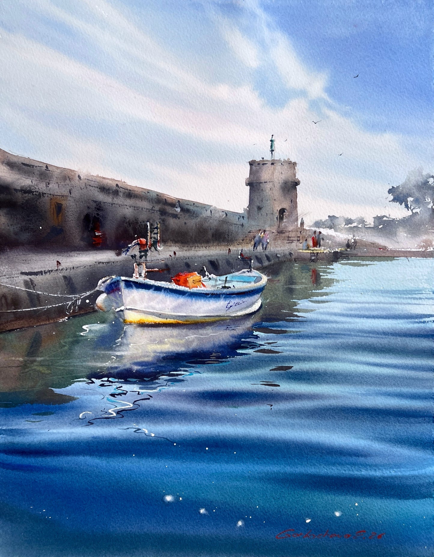 Liguria Italy Watercolor, Italian Harbor Painting, Blue Waters of Liguria 12x16 in