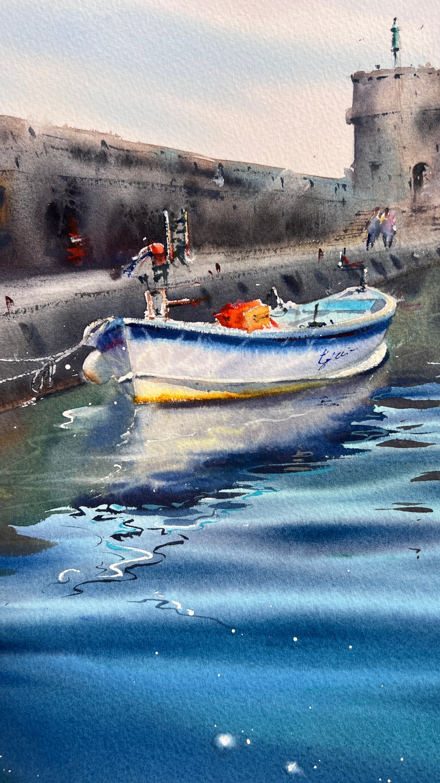 Liguria Italy Watercolor, Italian Harbor Painting, Blue Waters of Liguria 12x16 in