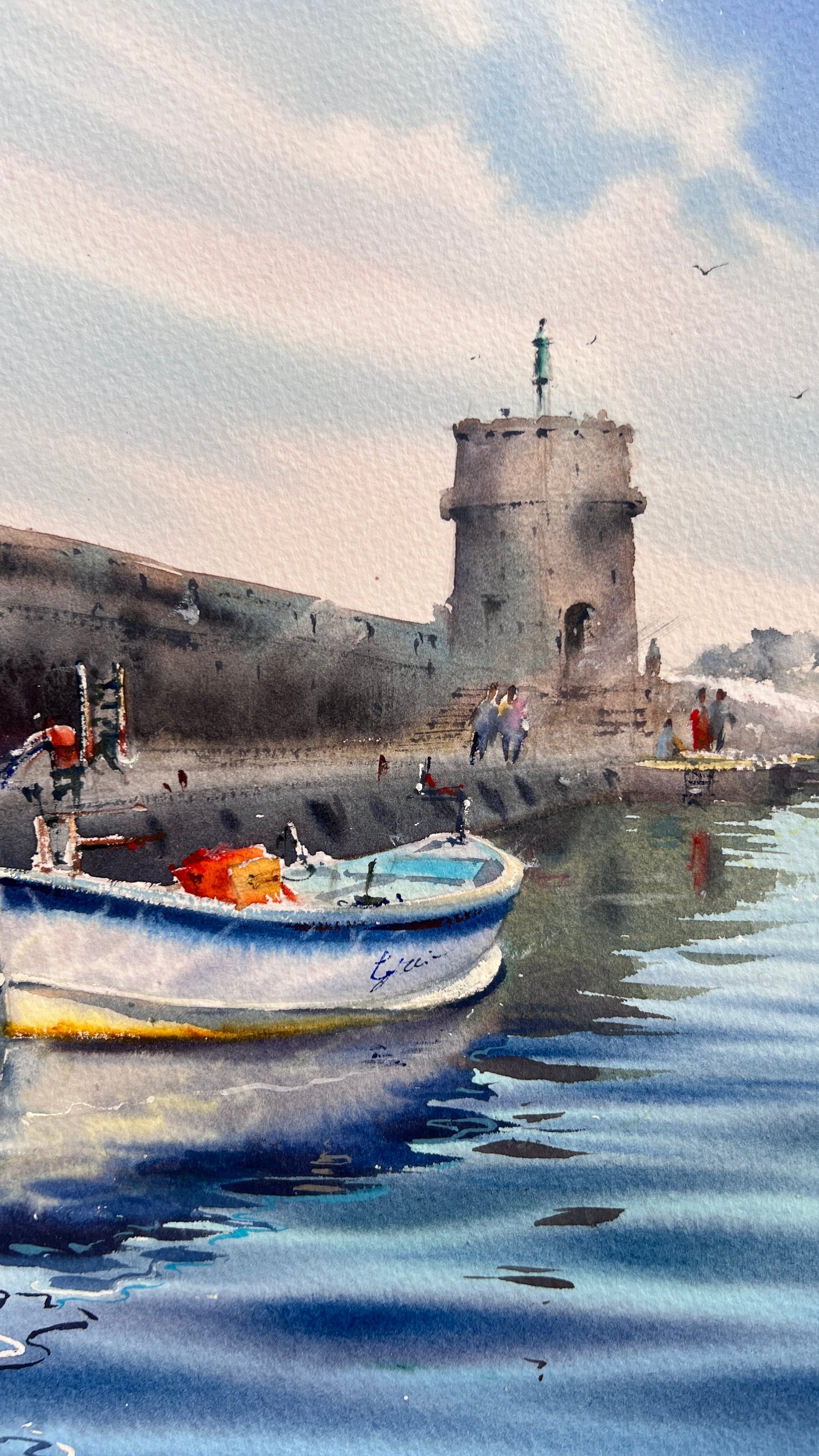 Liguria Italy Watercolor, Italian Harbor Painting, Blue Waters of Liguria 12x16 in