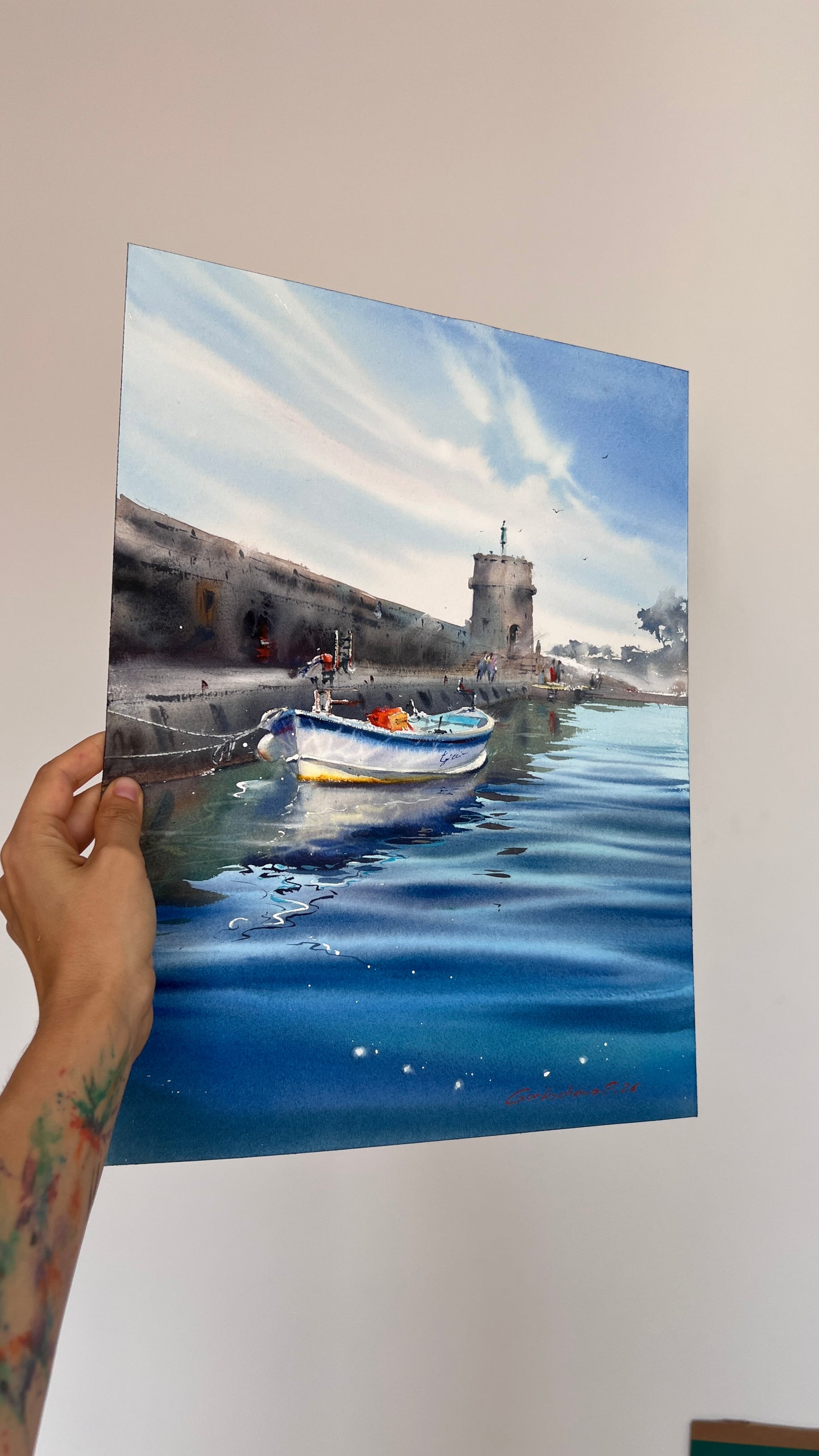 Liguria Italy Watercolor, Italian Harbor Painting, Blue Waters of Liguria 12x16 in