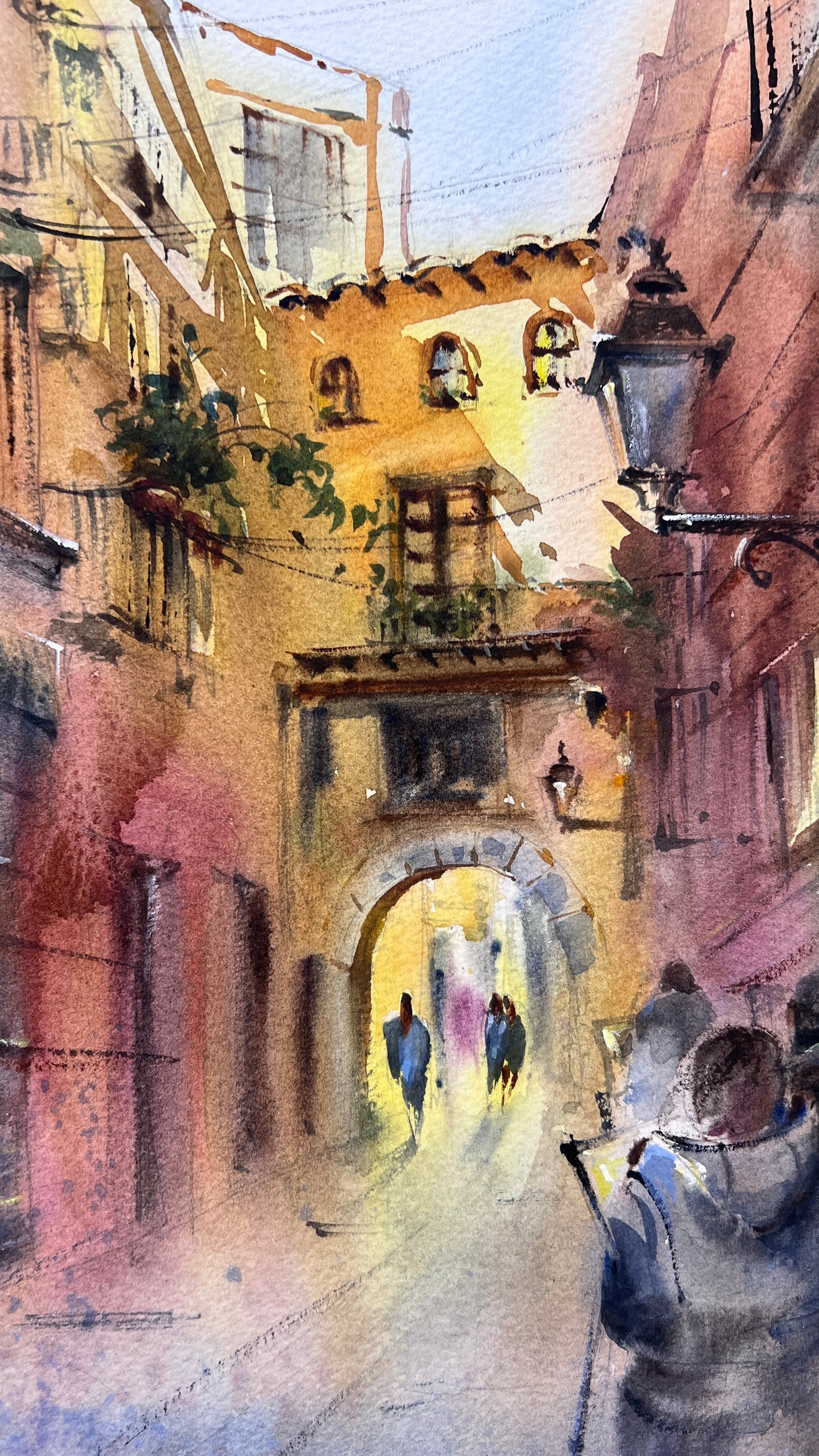 Valencia Alley Watercolor Painting, Original Spanish Cityscape Art, Spanish Afterglow 12x16 (Copy)